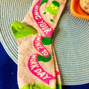 Fun crew socks “Bring Your Wine to Work Day” grey w/ pink & bright green design